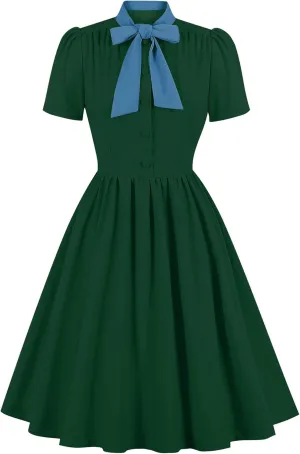 1950s Dresses for Women Vintage Rockabilly Retro Short Sleeve Tie Midi Dress Cocktail Party Evening Prom Gown