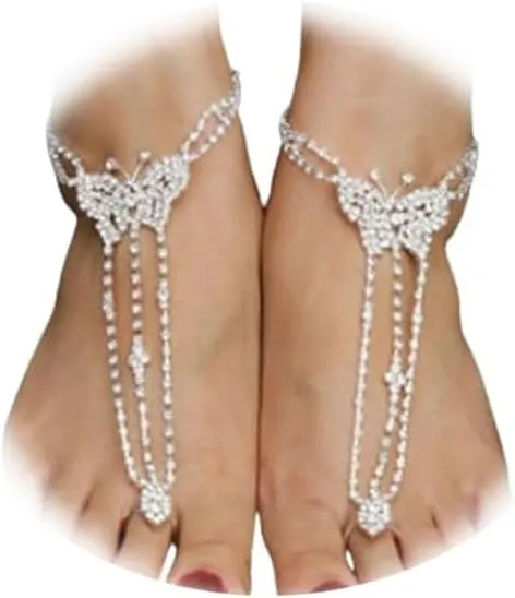 1Pair Summer Beach Rhinestone Butterfly Barefoot Sandals Anklet Toe Ring Crystal Butterfly Anklet Feet Jewelry Rhinestone Bridal Wedding Foot Chain Jewelry for Women