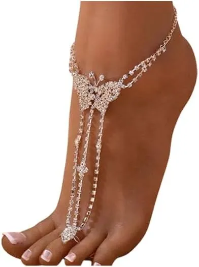 1Pair Summer Beach Rhinestone Butterfly Barefoot Sandals Anklet Toe Ring Crystal Butterfly Anklet Feet Jewelry Rhinestone Bridal Wedding Foot Chain Jewelry for Women
