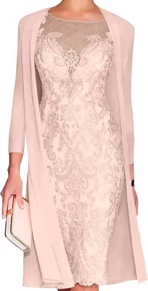 2 Piece Knee Length 3/4 Sleeve Chiffon Mother of The Bride Dresses with Jacket Lace Formal Wedding Guest Gowns