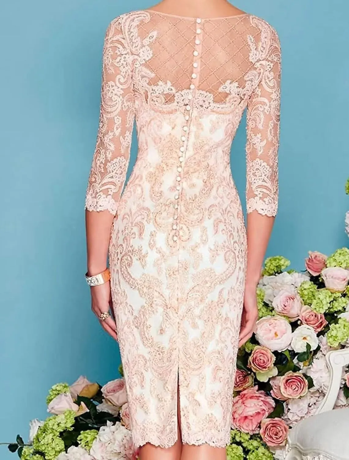 2 Piece Knee Length 3/4 Sleeve Chiffon Mother of The Bride Dresses with Jacket Lace Formal Wedding Guest Gowns