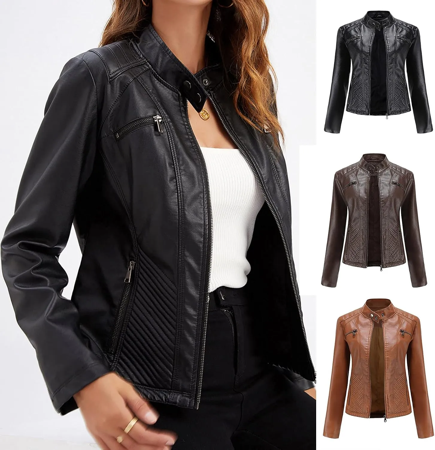 2022 Trendy Faux Leather Jacket Women Quilted Slim Fit Casual Motorcycle Jacket Long Sleeve Moto Biker Coat Outwear
