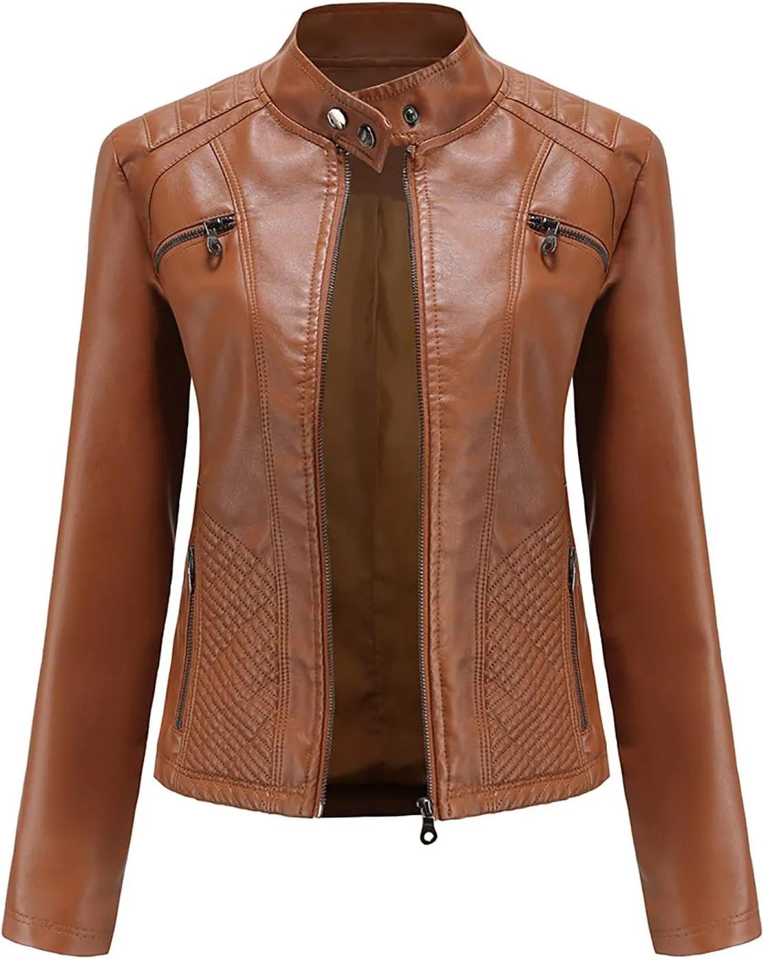 2022 Trendy Faux Leather Jacket Women Quilted Slim Fit Casual Motorcycle Jacket Long Sleeve Moto Biker Coat Outwear