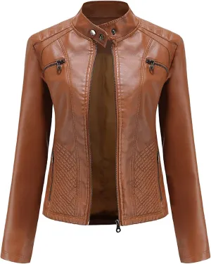 2022 Trendy Faux Leather Jacket Women Quilted Slim Fit Casual Motorcycle Jacket Long Sleeve Moto Biker Coat Outwear