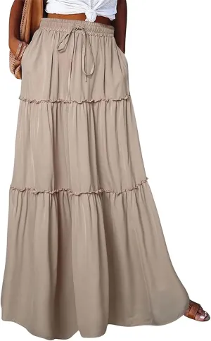 2024 Womens Floral Print Boho Maxi Skirt Elastic High Waist Pleated Ruffle Flowy Charming Bohemian Long Skirts S-XL