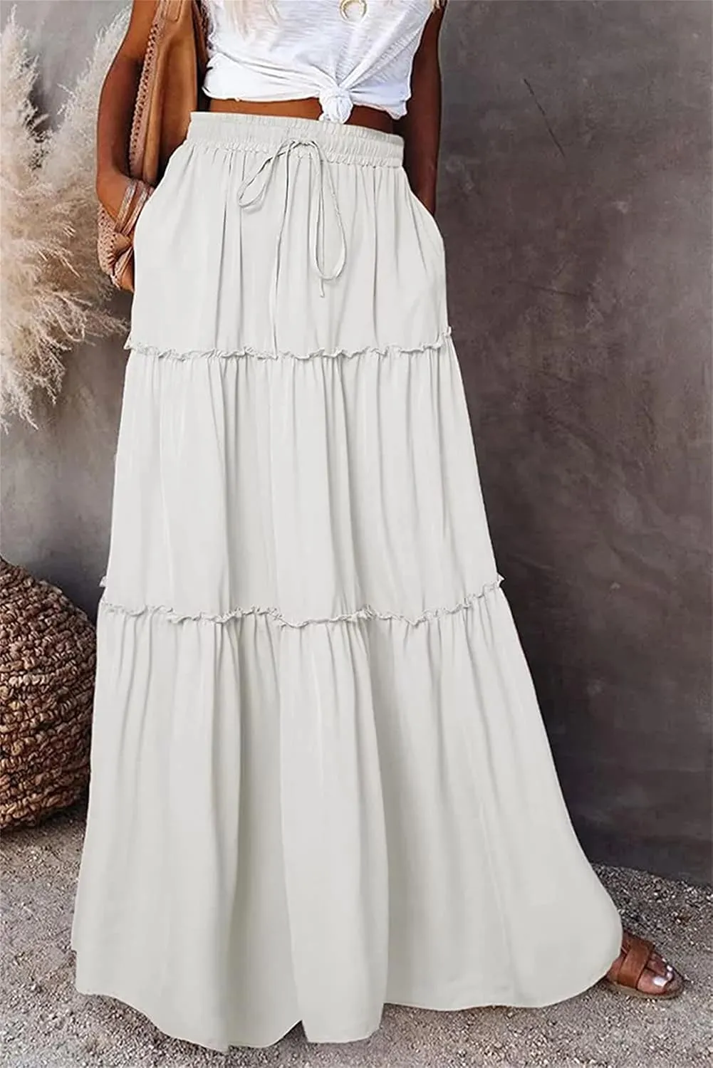 2024 Womens Floral Print Boho Maxi Skirt Elastic High Waist Pleated Ruffle Flowy Charming Bohemian Long Skirts S-XL