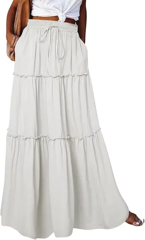 2024 Womens Floral Print Boho Maxi Skirt Elastic High Waist Pleated Ruffle Flowy Charming Bohemian Long Skirts S-XL