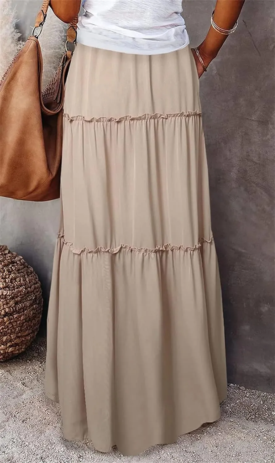 2024 Womens Floral Print Boho Maxi Skirt Elastic High Waist Pleated Ruffle Flowy Charming Bohemian Long Skirts S-XL