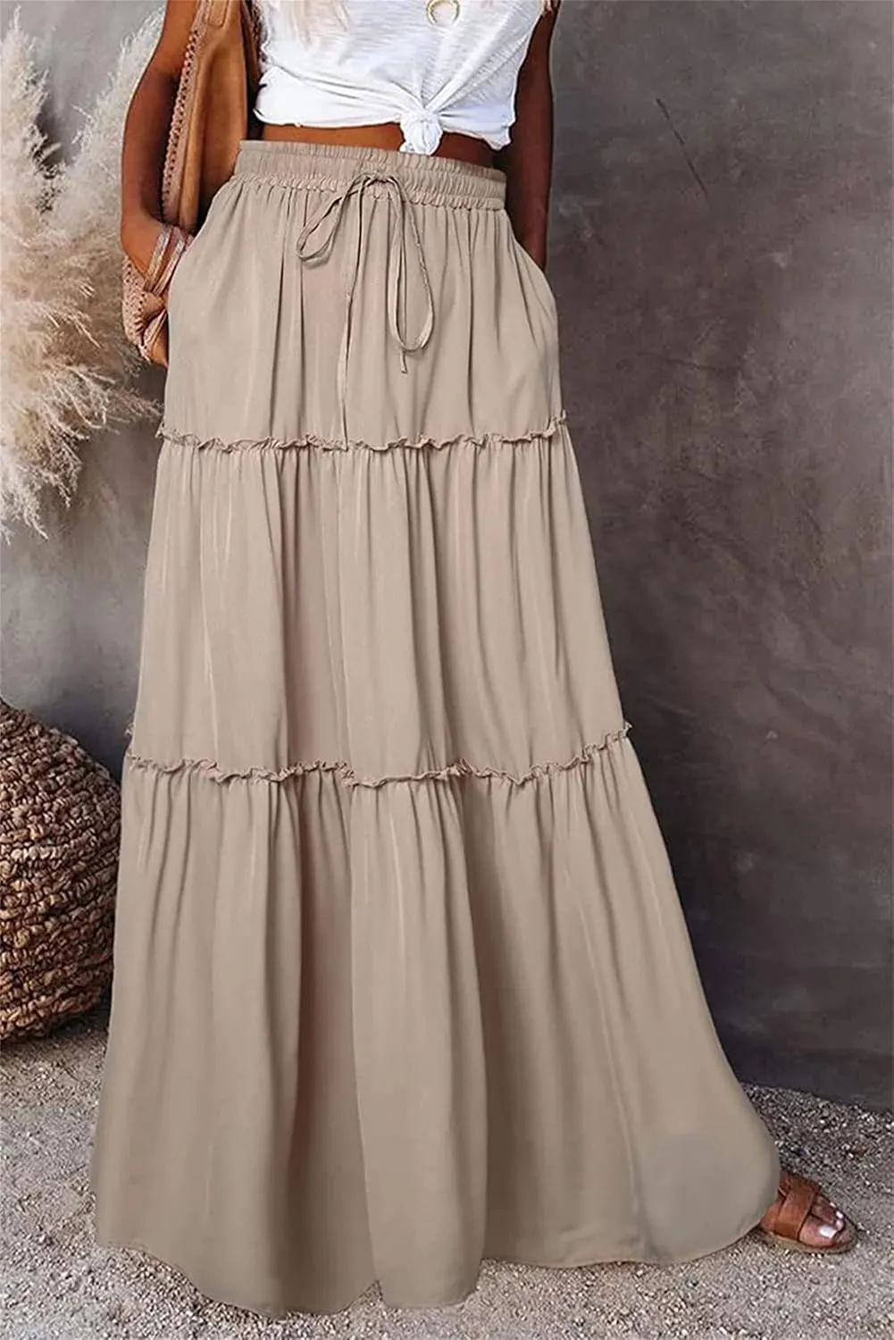 2024 Womens Floral Print Boho Maxi Skirt Elastic High Waist Pleated Ruffle Flowy Charming Bohemian Long Skirts S-XL