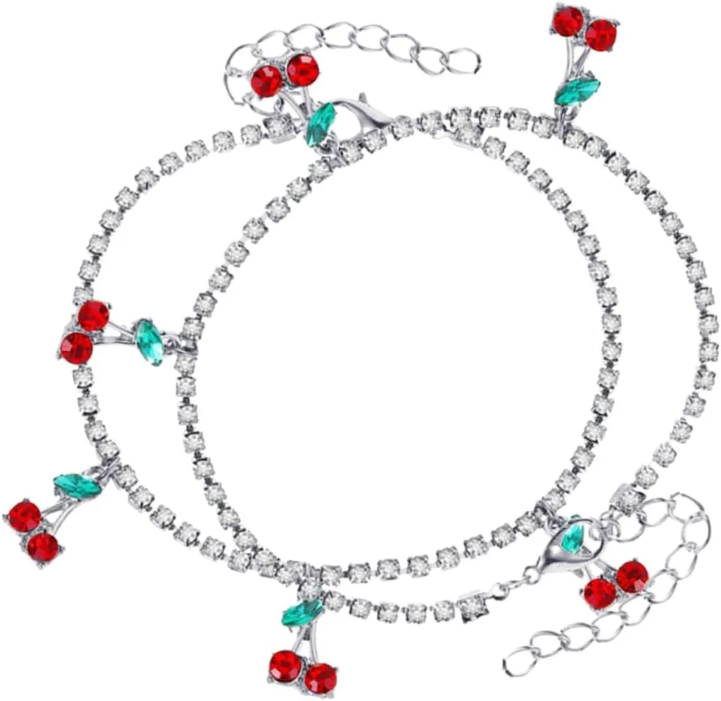 2pcs Adjustable Cherry Anklet Bracelet for Women Rhinestone Fruit Sparkle Anklets Stylish Beach Foot Jewelry Summer Casual Tennis Chain Decor Creative Ankle Jewelry for Birthday