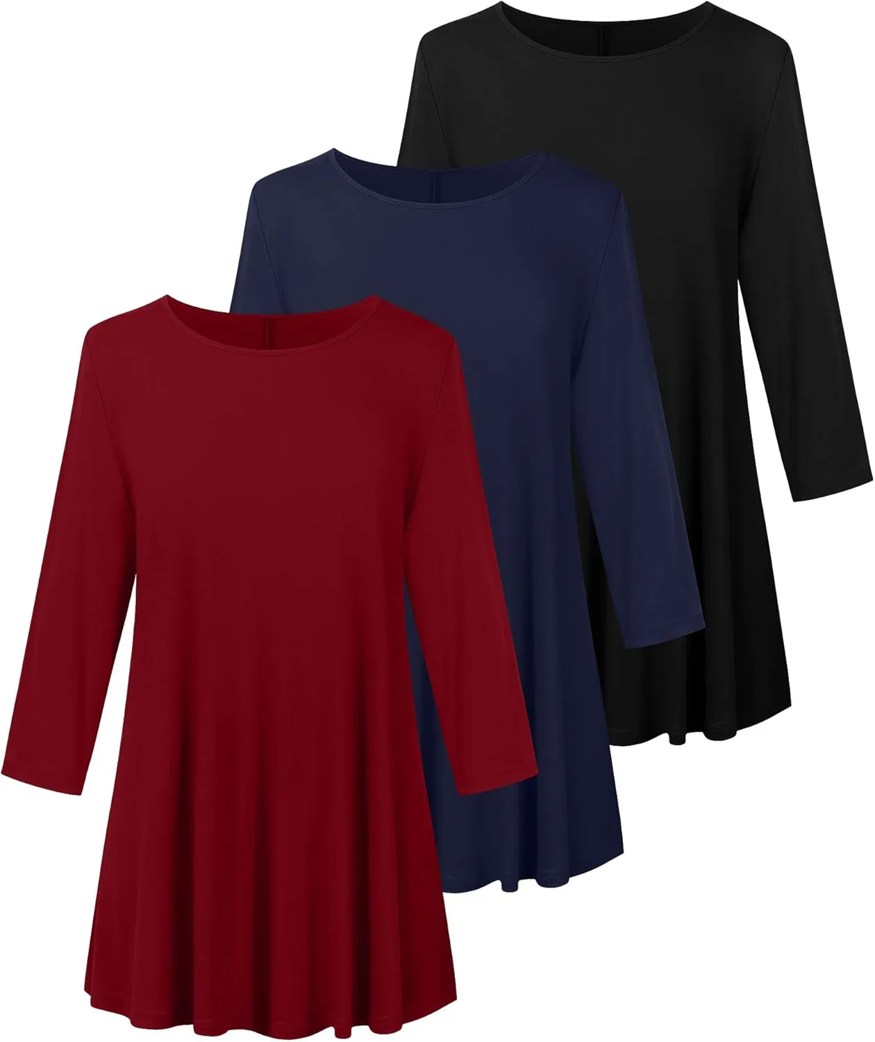 3 Pack Women's Plus Size Tunic Tops, 3/4 Sleeve Loose Fit Tunics Comfy Casual Swing Tops Flare T-shirt for Leggings