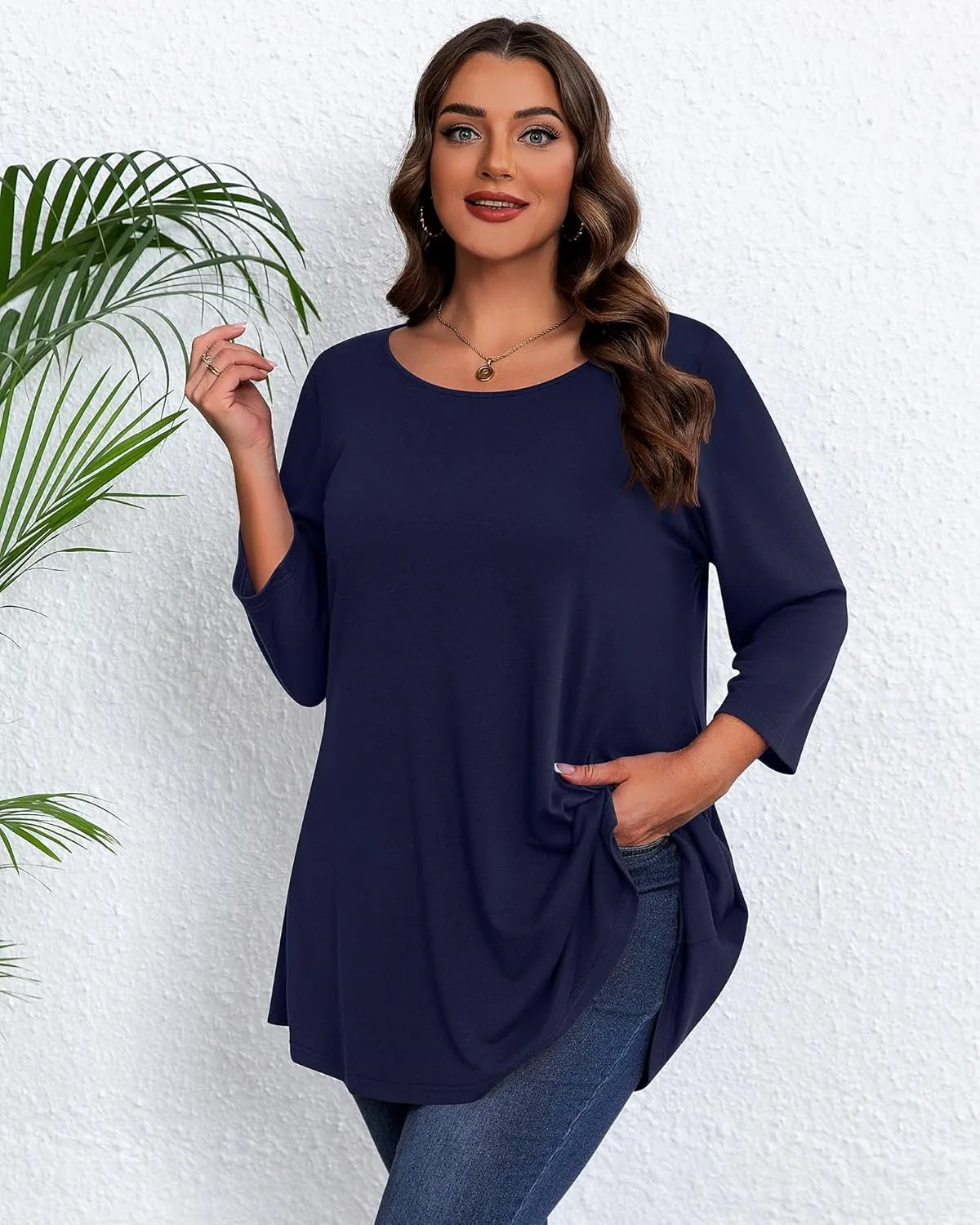 3 Pack Women's Plus Size Tunic Tops, 3/4 Sleeve Loose Fit Tunics Comfy Casual Swing Tops Flare T-shirt for Leggings