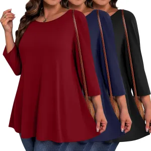 3 Pack Women's Plus Size Tunic Tops, 3/4 Sleeve Loose Fit Tunics Comfy Casual Swing Tops Flare T-shirt for Leggings