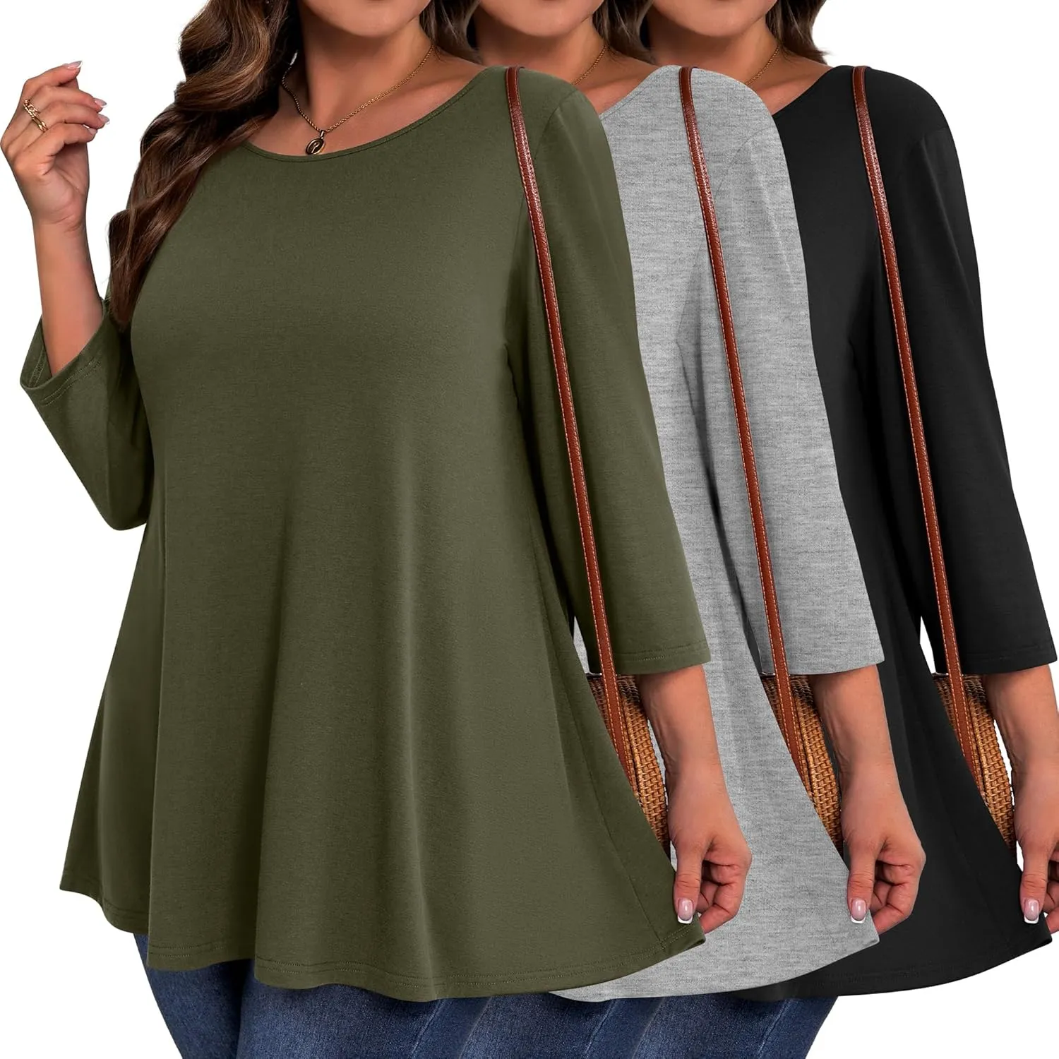 3 Pack Women's Plus Size Tunic Tops, 3/4 Sleeve Loose Fit Tunics Comfy Casual Swing Tops Flare T-shirt for Leggings