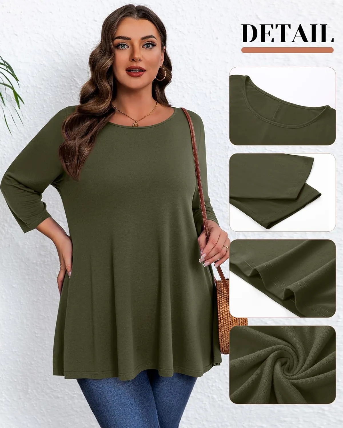 3 Pack Women's Plus Size Tunic Tops, 3/4 Sleeve Loose Fit Tunics Comfy Casual Swing Tops Flare T-shirt for Leggings