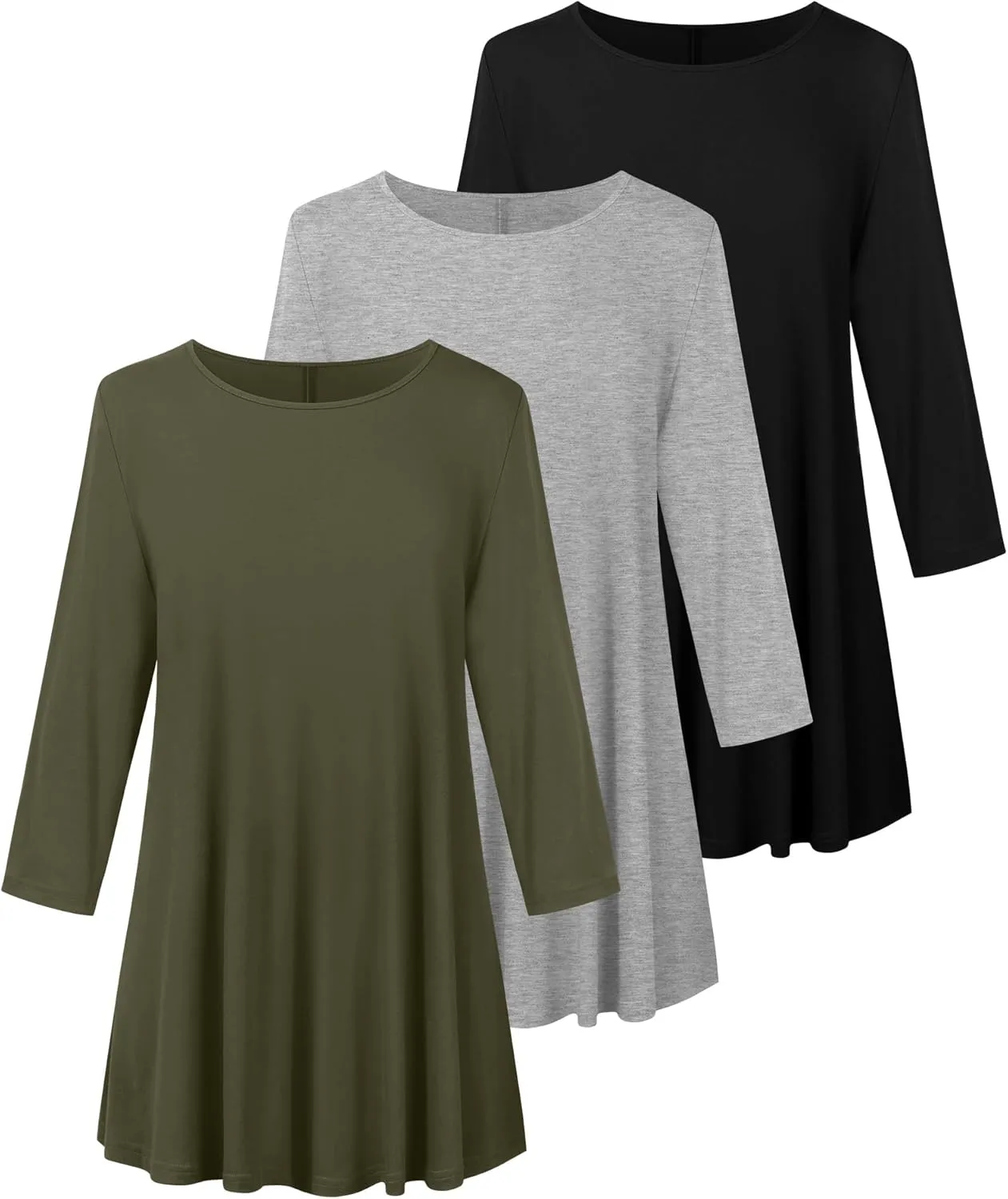 3 Pack Women's Plus Size Tunic Tops, 3/4 Sleeve Loose Fit Tunics Comfy Casual Swing Tops Flare T-shirt for Leggings
