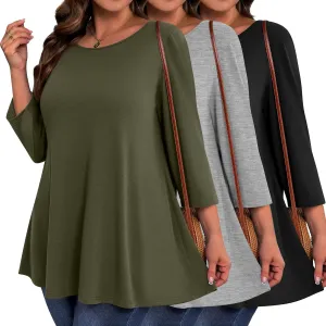 3 Pack Women's Plus Size Tunic Tops, 3/4 Sleeve Loose Fit Tunics Comfy Casual Swing Tops Flare T-shirt for Leggings