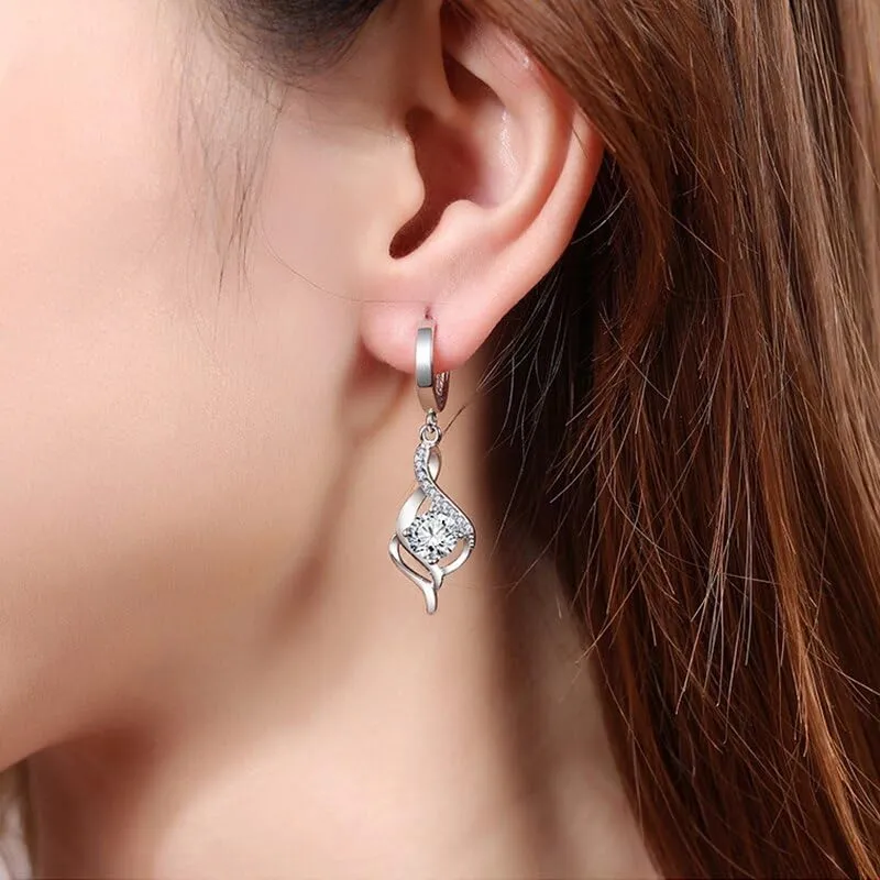 925 Silver Needle Earrings Princess Crystal Pendant Necklace Jewelry Sets Woman Trendy Jewelry Girl Gift