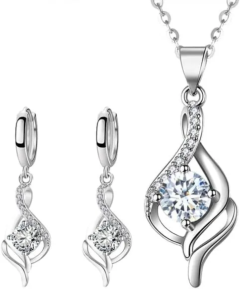 925 Silver Needle Earrings Princess Crystal Pendant Necklace Jewelry Sets Woman Trendy Jewelry Girl Gift