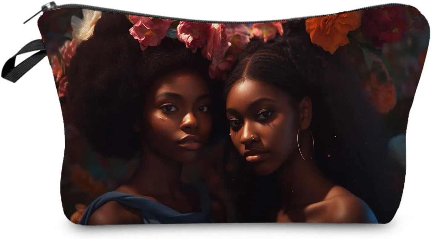 African Ameican Black Sisters Makeup Bag Cute Small Makeup Organizer Bag Travel Toiletry Zipper Pouch Black Sisters Gifts Black Sisters Cosmetic Bag for Women Friends