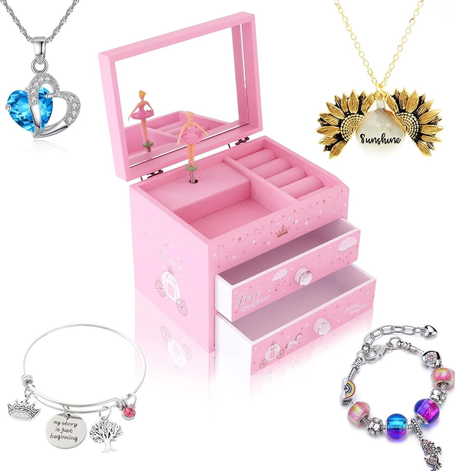 Agitation Unicorn Princess Wooden Musical Jewelry with Matching Jewelry Set, Unicorn Gifts(A-Pink Princess2)