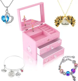 Agitation Unicorn Princess Wooden Musical Jewelry with Matching Jewelry Set, Unicorn Gifts(A-Pink Princess2)