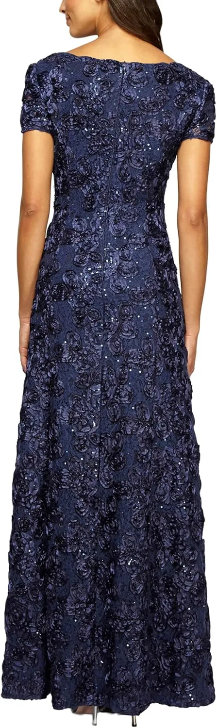 Alex Evenings Women's Long Rosette Mother of The Bride Dress with Short Sleeves, Wedding Guest (Petite and Regular Sizes)