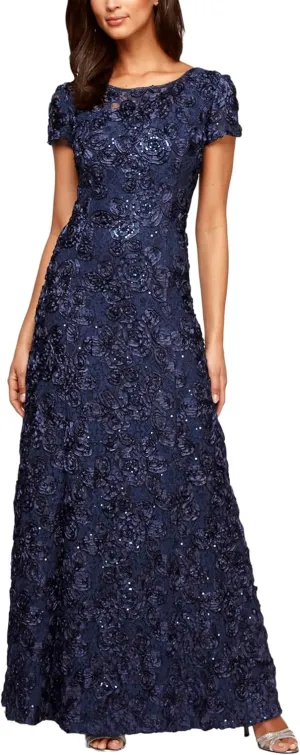Alex Evenings Women's Long Rosette Mother of The Bride Dress with Short Sleeves, Wedding Guest (Petite and Regular Sizes)