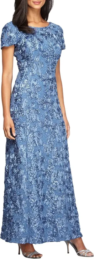 Alex Evenings Women's Long Rosette Mother of The Bride Dress with Short Sleeves, Wedding Guest (Petite and Regular Sizes)