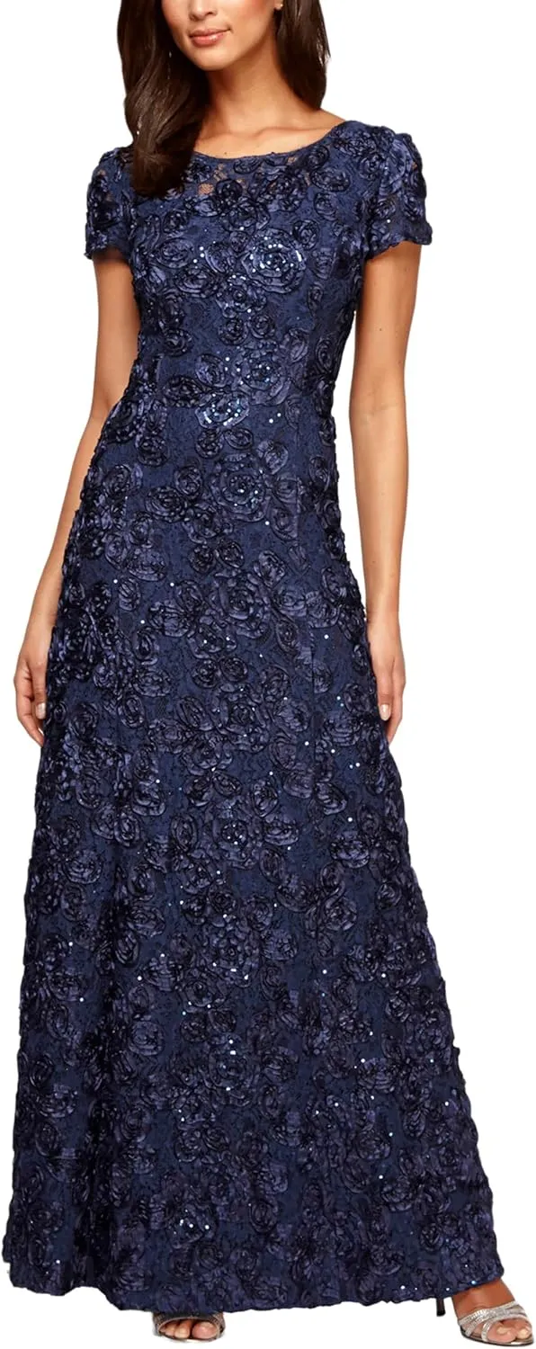 Alex Evenings Women's Long Rosette Mother of The Bride Dress with Short Sleeves, Wedding Guest (Petite and Regular Sizes)