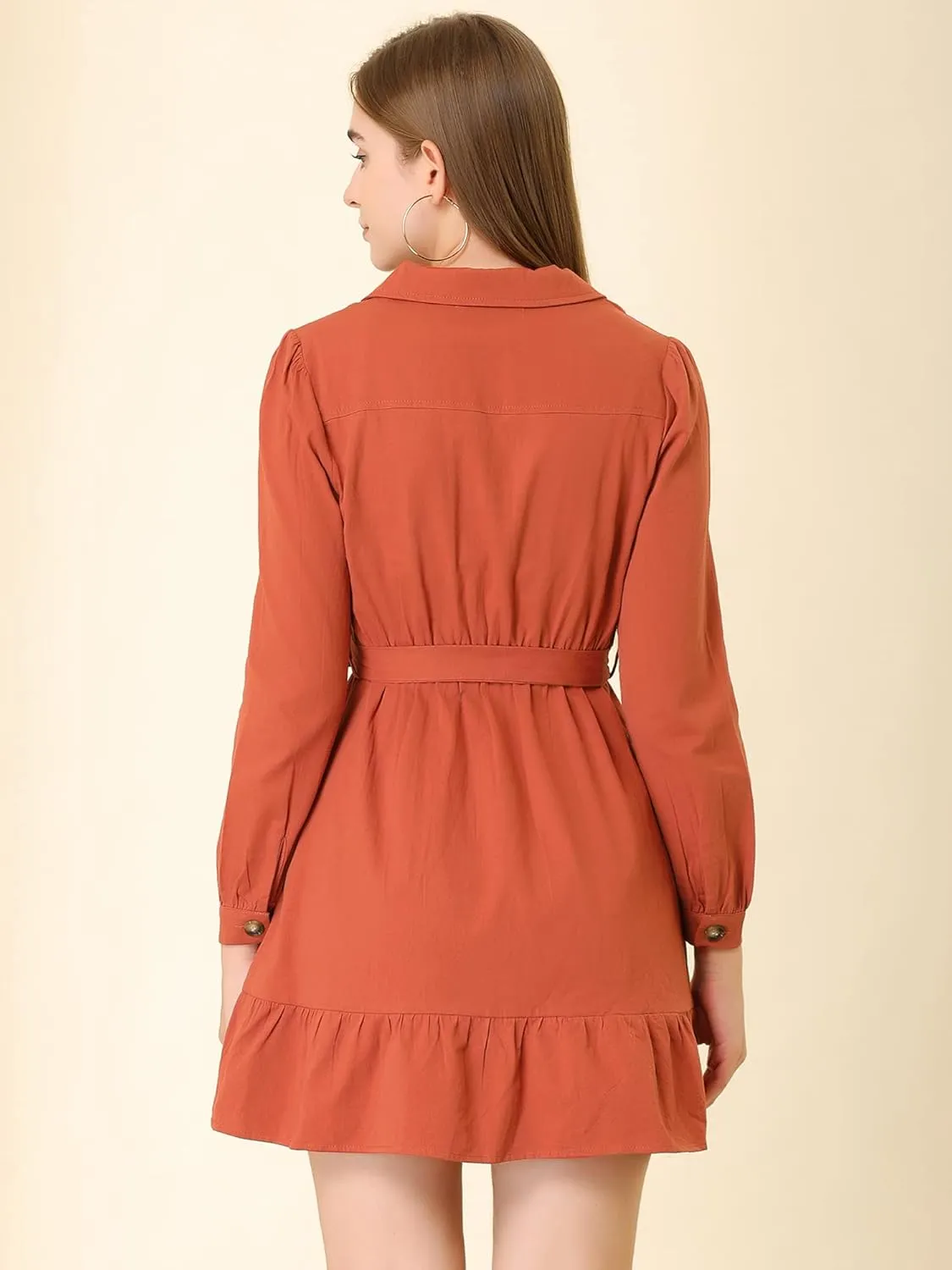 Allegra K Women's Notched Lapel V Neck Tie Waist Solid Ruffle Hem Mini Dress