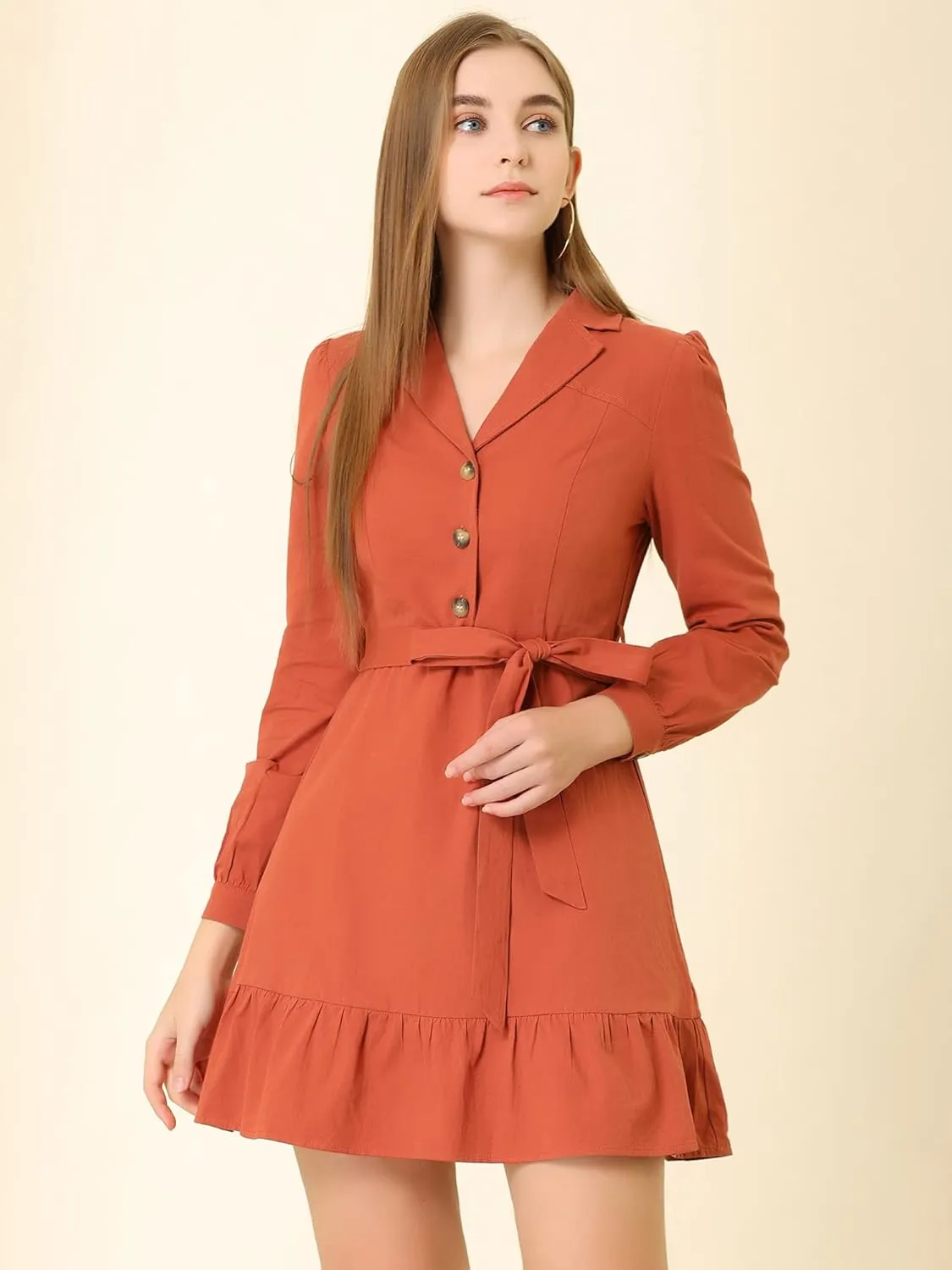 Allegra K Women's Notched Lapel V Neck Tie Waist Solid Ruffle Hem Mini Dress