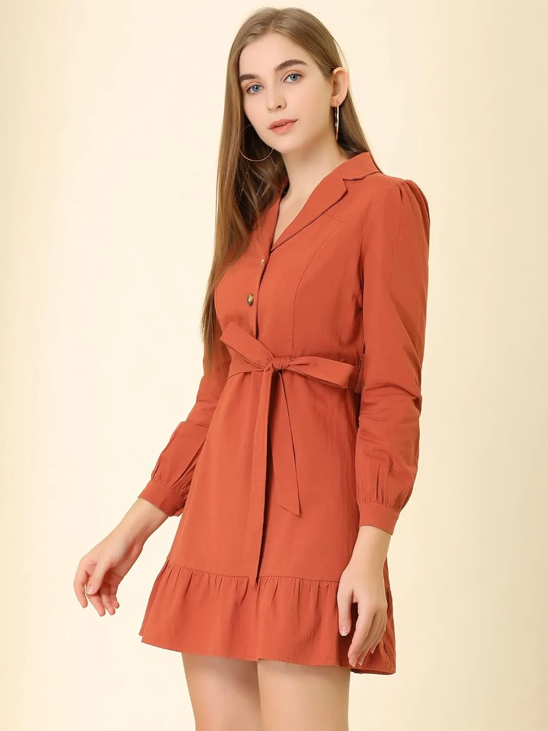 Allegra K Women's Notched Lapel V Neck Tie Waist Solid Ruffle Hem Mini Dress