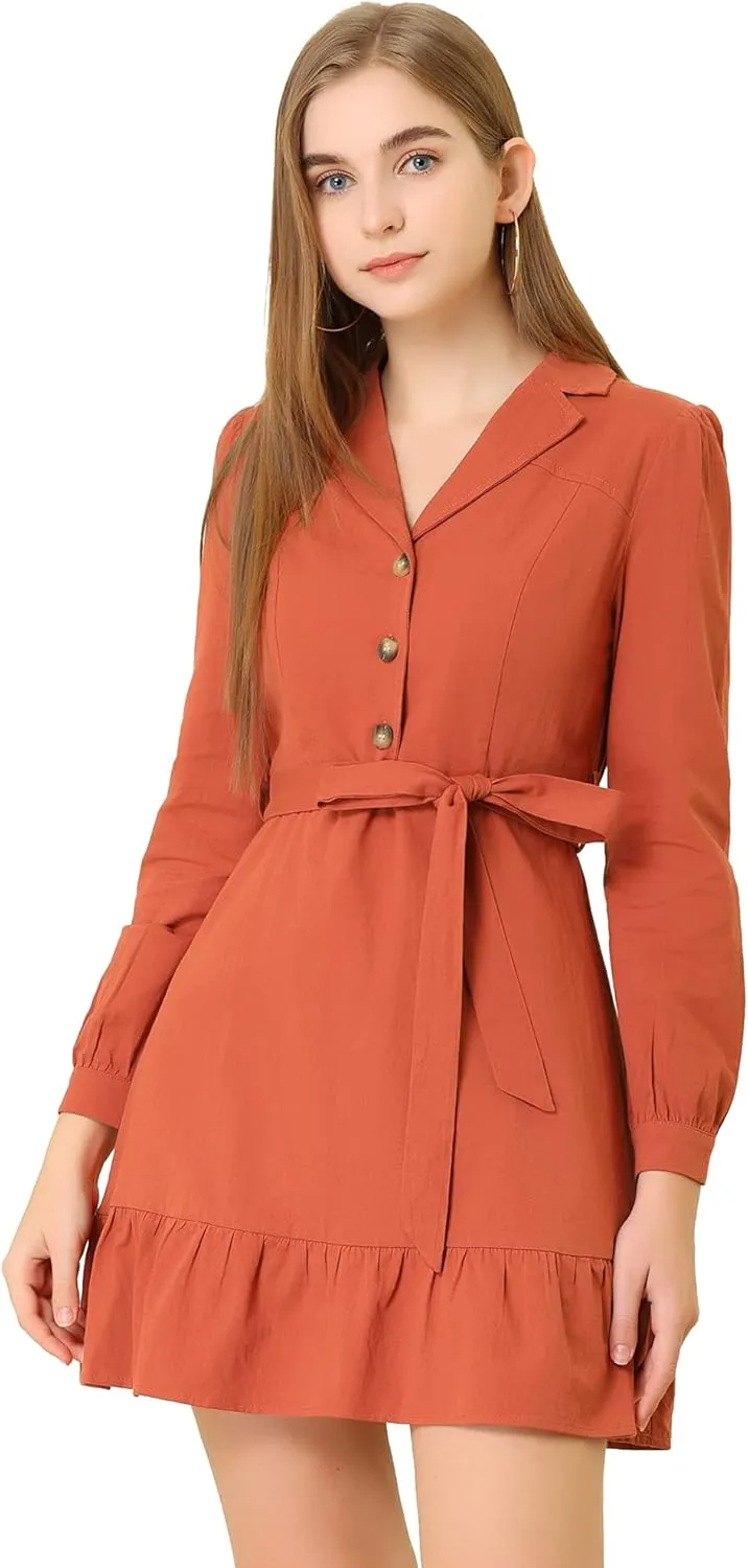Allegra K Women's Notched Lapel V Neck Tie Waist Solid Ruffle Hem Mini Dress