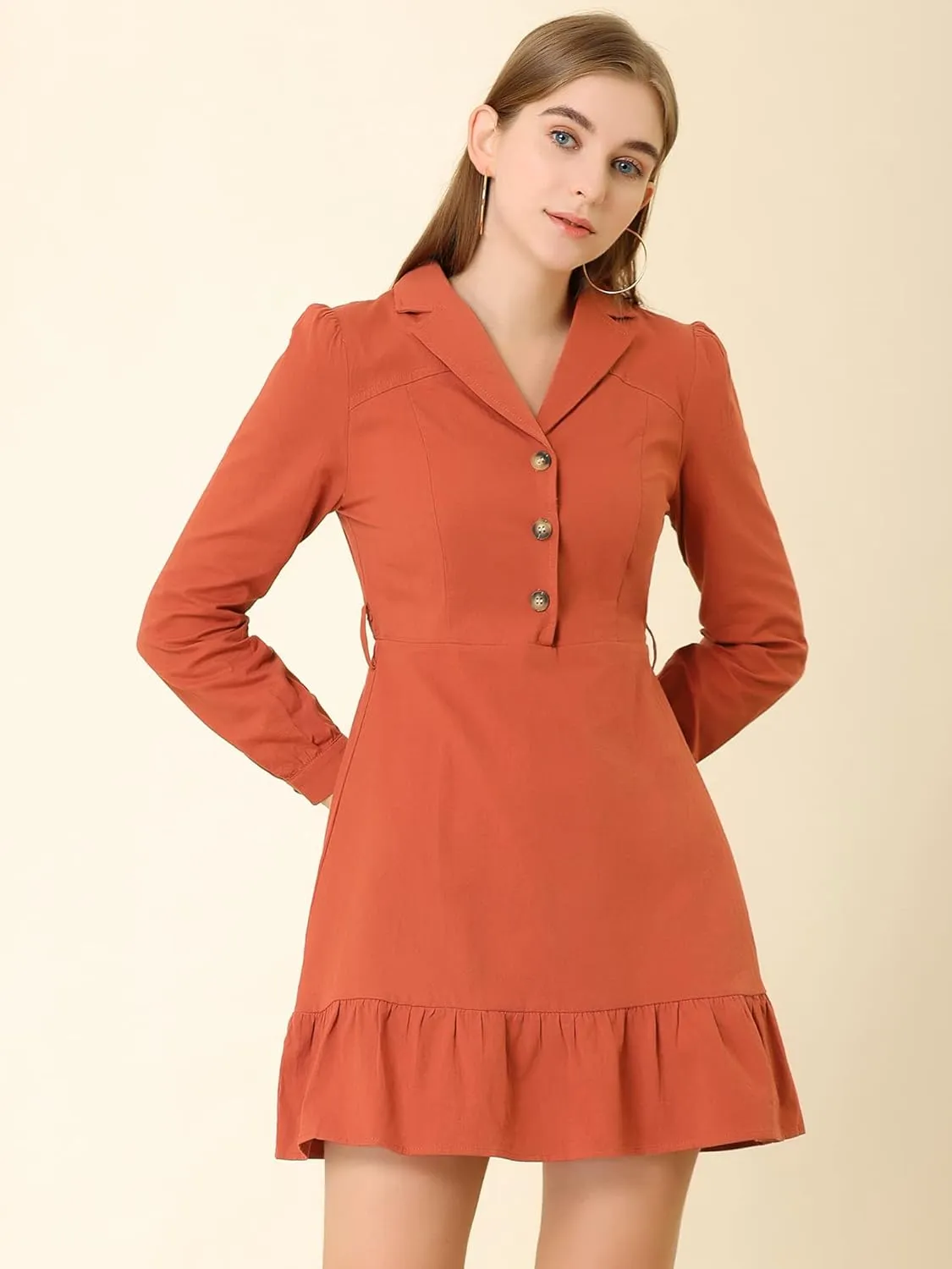Allegra K Women's Notched Lapel V Neck Tie Waist Solid Ruffle Hem Mini Dress
