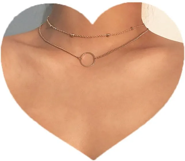 Aluinn Round Layered Necklace Gold Pendant Necklace Dainty Choker Necklace Chain for Women