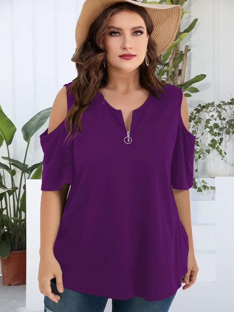 AMCLOS Plus Size Tops for Women Solid Zipper Cold Shoulder T-Shirt Casual Blouse Tunics Summer
