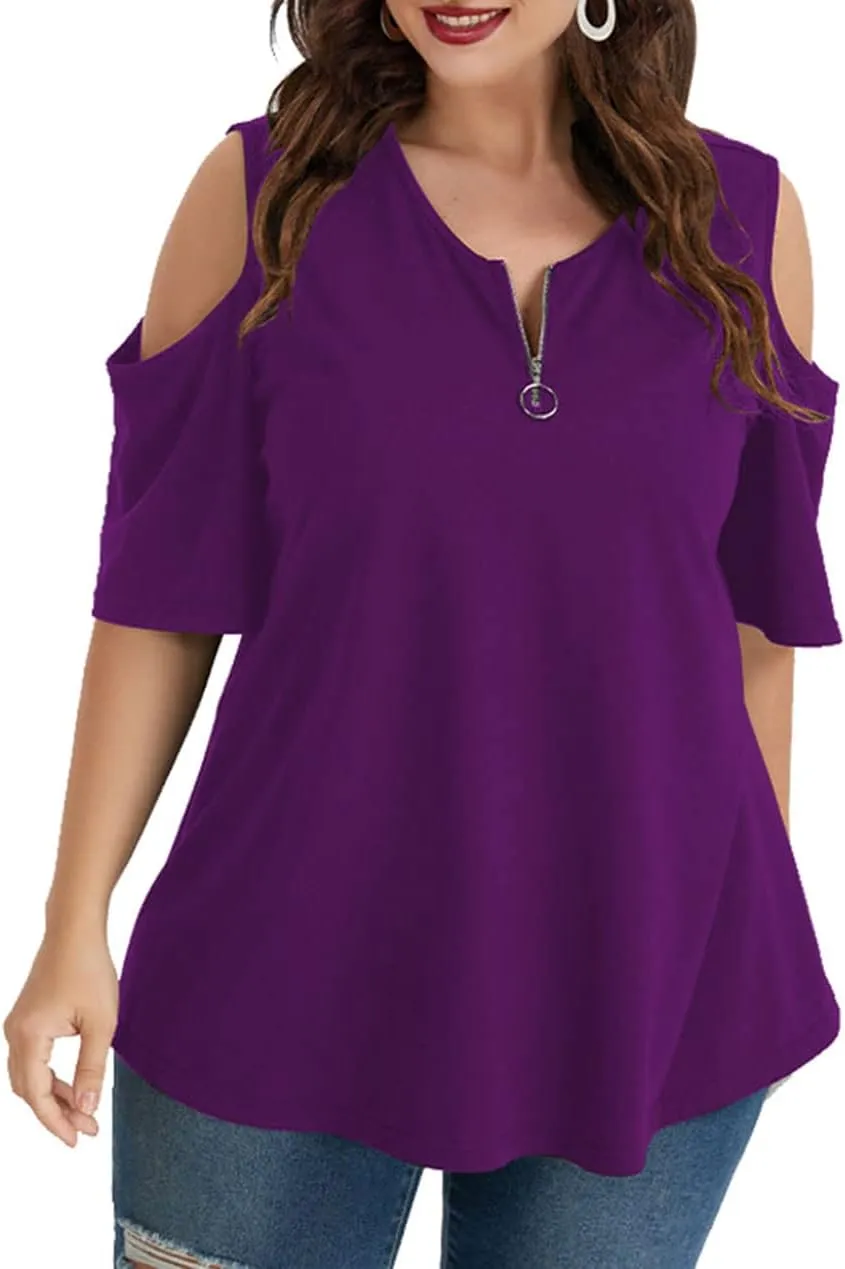 AMCLOS Plus Size Tops for Women Solid Zipper Cold Shoulder T-Shirt Casual Blouse Tunics Summer