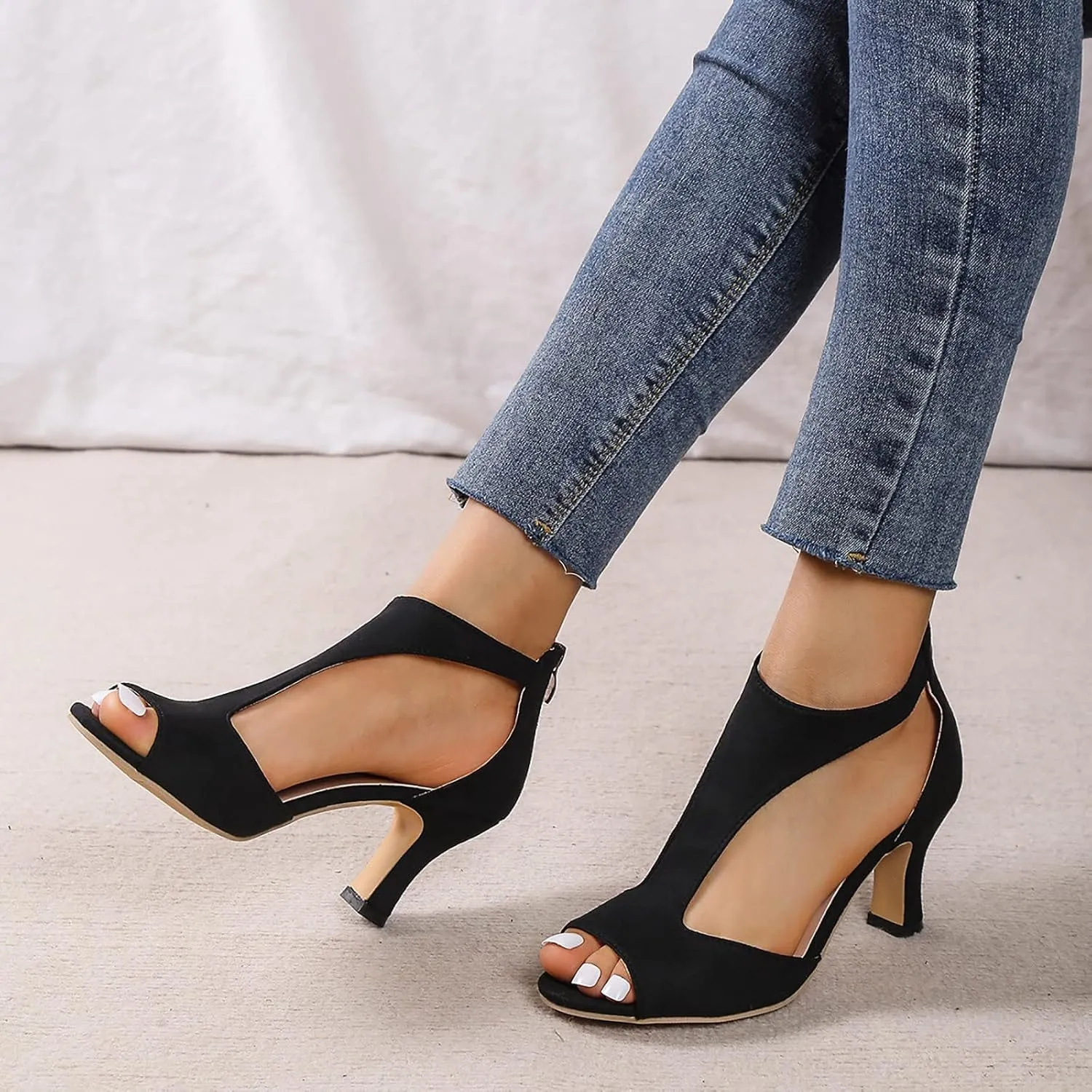 AMDBEL Heels Sandals for Women Causal Summer 2024 Open Toe Cutout Chunky Heel Zipper Dress Shoes T-Strap Block High Heel Pump