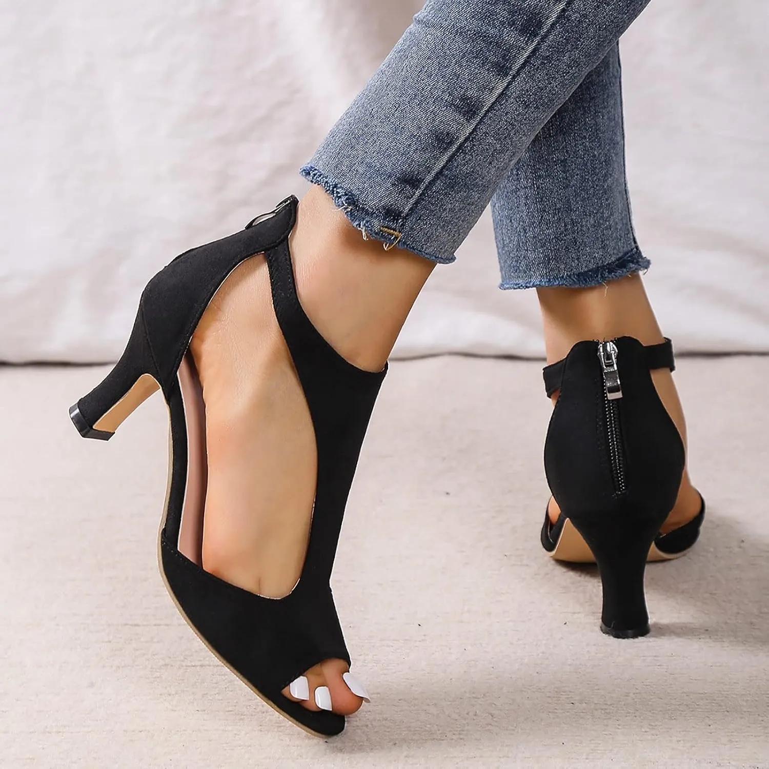 AMDBEL Heels Sandals for Women Causal Summer 2024 Open Toe Cutout Chunky Heel Zipper Dress Shoes T-Strap Block High Heel Pump