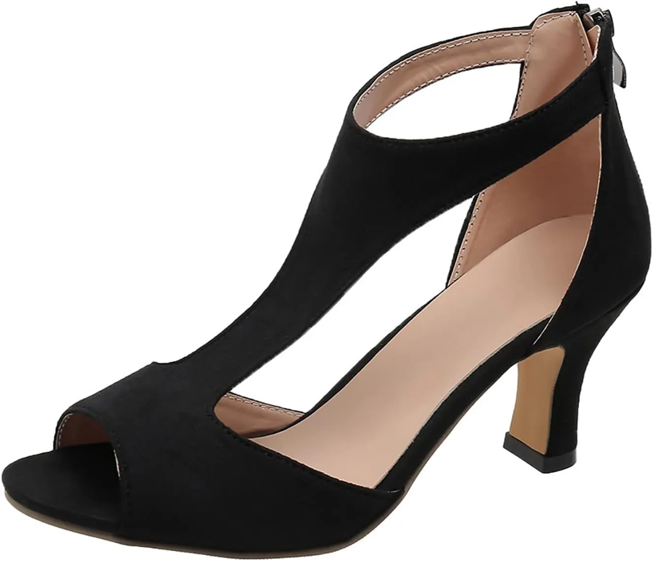 AMDBEL Heels Sandals for Women Causal Summer 2024 Open Toe Cutout Chunky Heel Zipper Dress Shoes T-Strap Block High Heel Pump