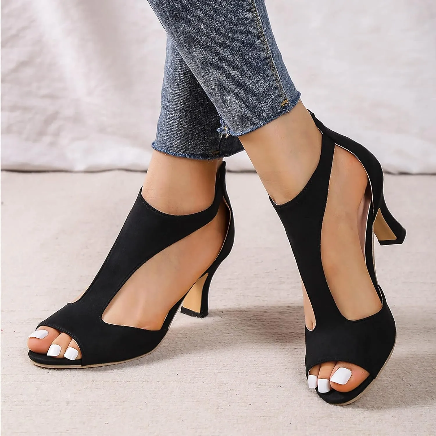 AMDBEL Heels Sandals for Women Causal Summer 2024 Open Toe Cutout Chunky Heel Zipper Dress Shoes T-Strap Block High Heel Pump