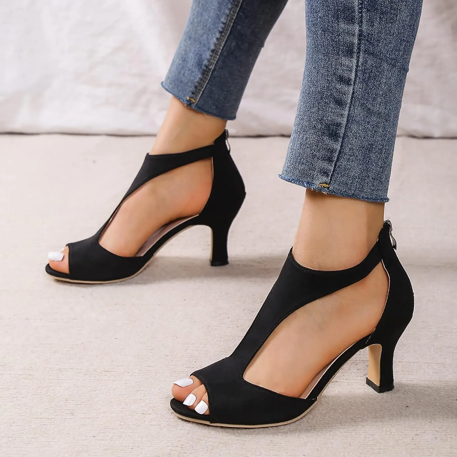 AMDBEL Heels Sandals for Women Causal Summer 2024 Open Toe Cutout Chunky Heel Zipper Dress Shoes T-Strap Block High Heel Pump