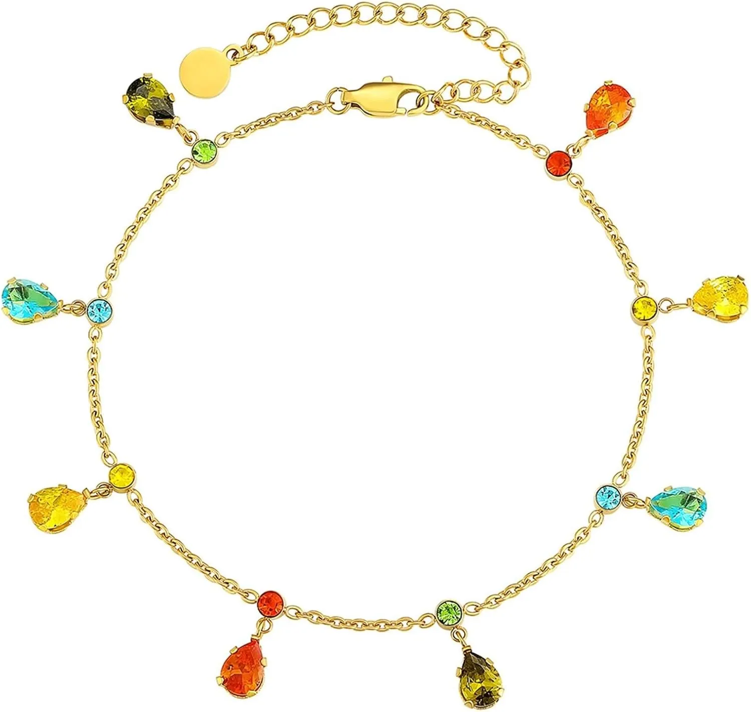 Anklet Bracelet, Ladies Anklets with Multicolor Teardrop Cubic Zirconia Oval Body Chains for Women Stainless Steel