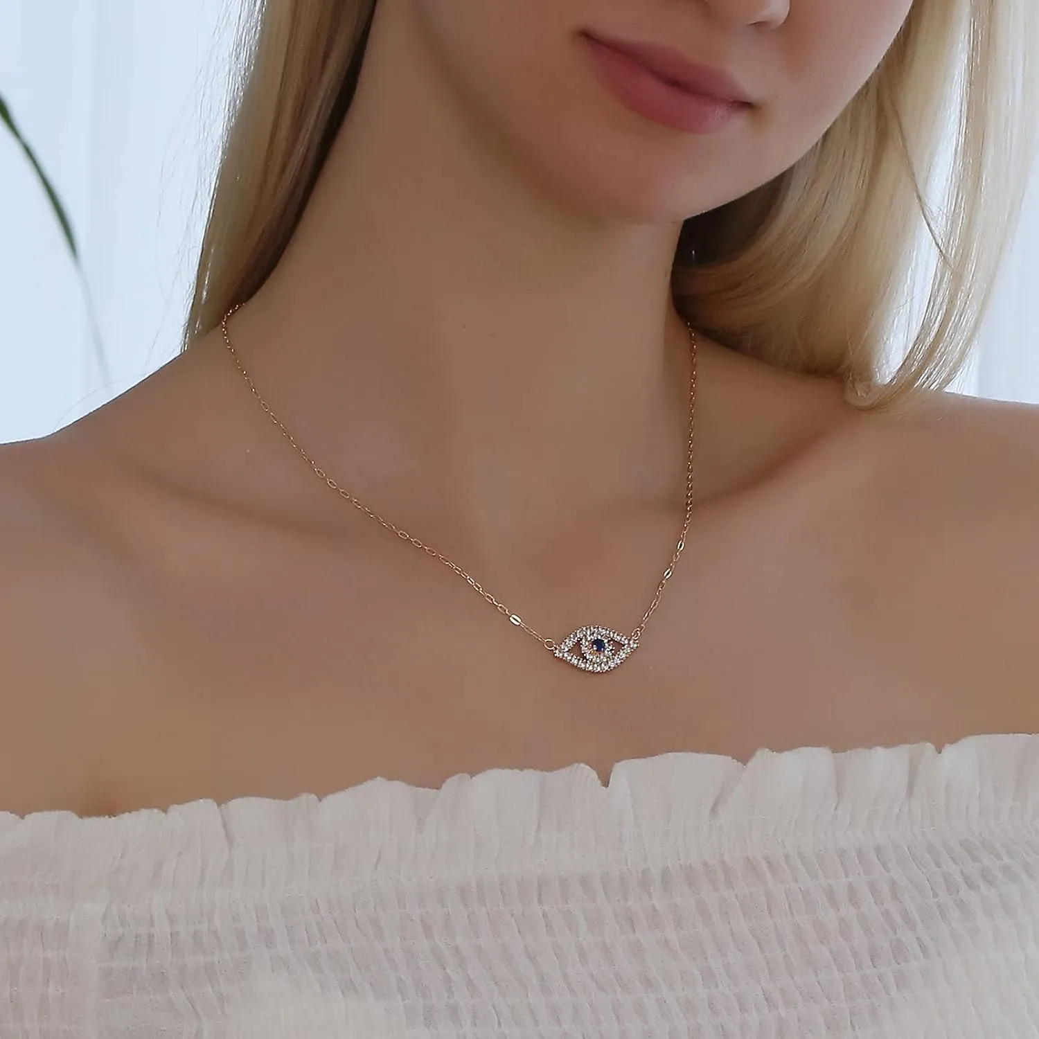 Apsvo Dainty Evil Eye Necklace, Silver/Gold/Rose Gold Protection Jewelry for Women Trendy Jewelry
