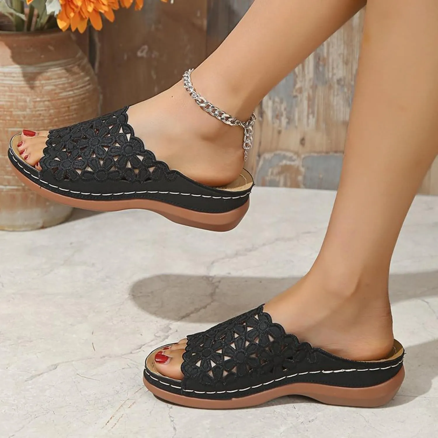 Arch Support Wedge Sandals for Women Dressy Summer Slip On Comfortable Slide Shoes Orthopedic Comfortable Casual Walking Slippers