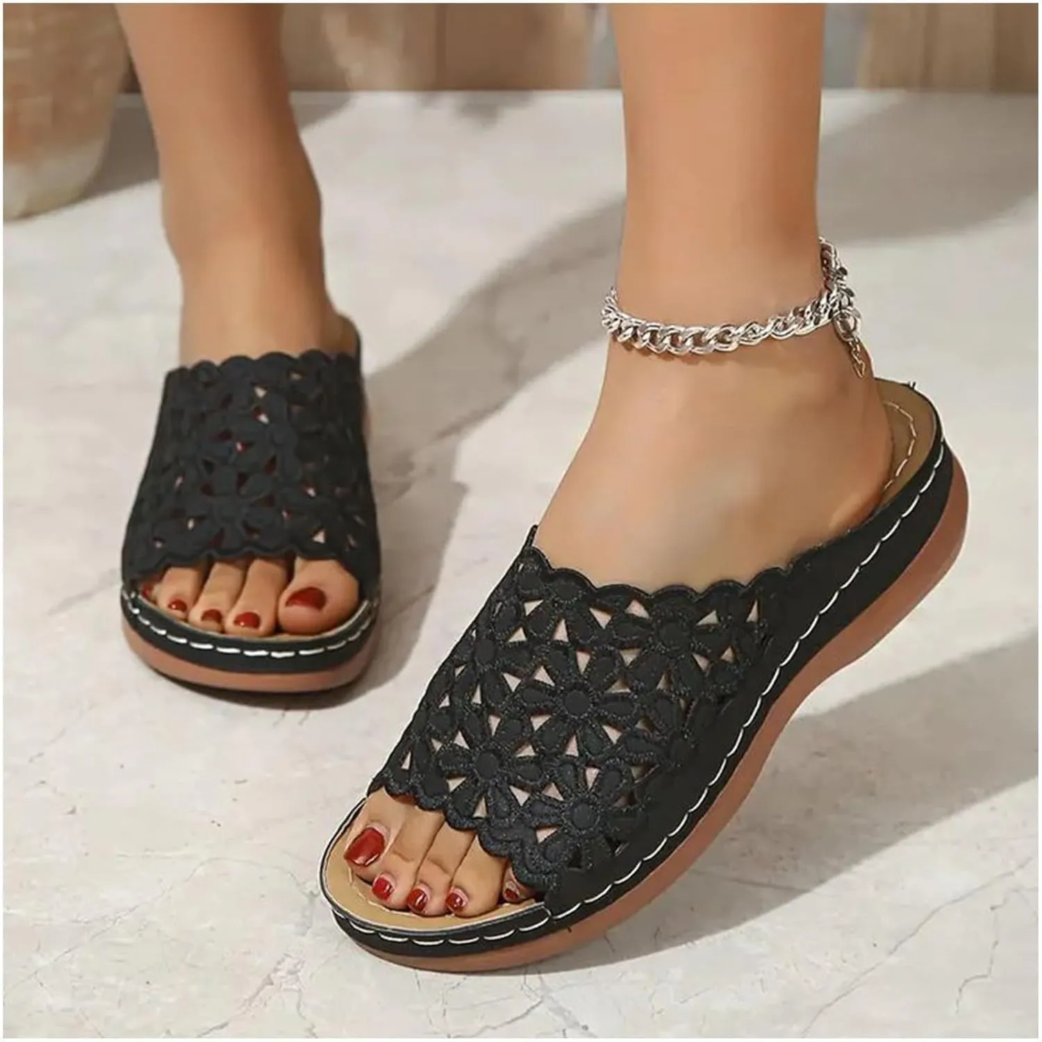 Arch Support Wedge Sandals for Women Dressy Summer Slip On Comfortable Slide Shoes Orthopedic Comfortable Casual Walking Slippers