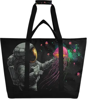 Astronaut Jellyfish Black Large Insulated Tote Bag for Grocery Shopping Reusable Tote Bags for Women Men, Cooler Bag with Zippered Top & Handles for Beach Picnic Travel