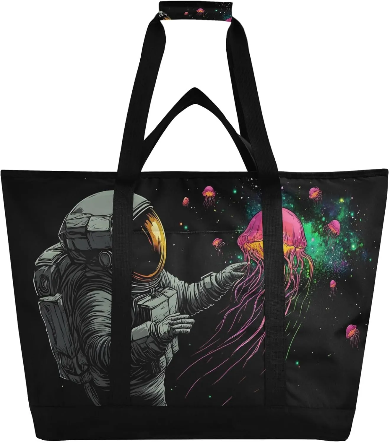 Astronaut Jellyfish Black Large Insulated Tote Bag for Grocery Shopping Reusable Tote Bags for Women Men, Cooler Bag with Zippered Top & Handles for Beach Picnic Travel