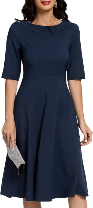 Bbonlinedress Plus Size Womens Cocktail Vintage Dress Formal Wedding Guest Church Long Sleeve Swing Midi Dresses Navy XL